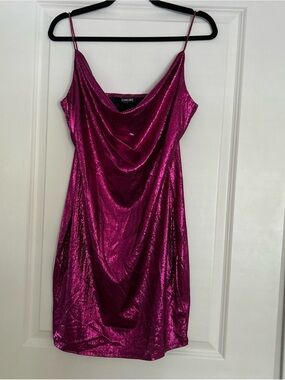 chic Metallic Cowl Neck Mini Dress in Fuchsia